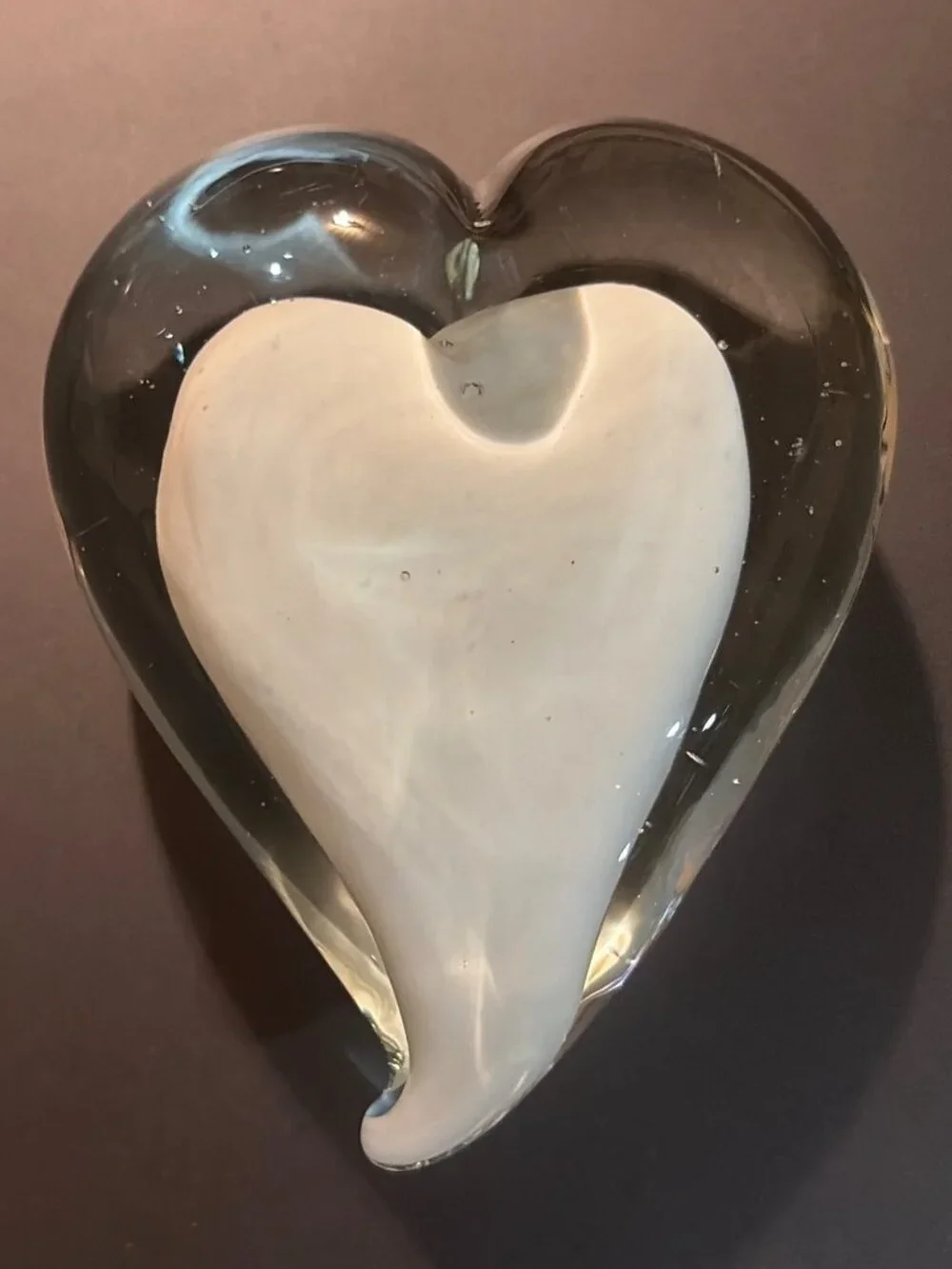 Vintage Heart-Shaped Art Glass Paperweight With White Heart Inside Design